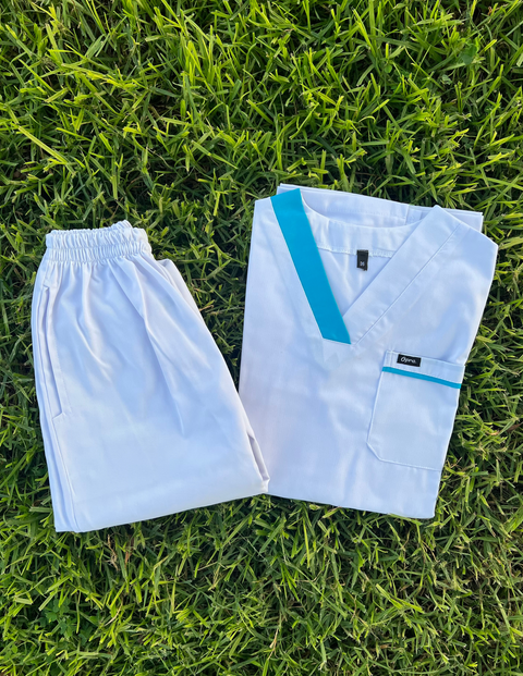 Pyjama De Bloc Blanc Col-V Marié Turquoise